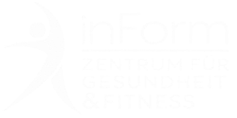 Logo von inForm Zentrum für Gesundheit & Fitness mit einer stilisierten, dynamischen menschlichen Figur in Weiß auf Schwarz.