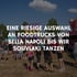 Menschenmenge vor Foodtrucks bei einem Festival mit Text über eine riesige Auswahl von Bella Napoli bis Souvlaki Tanzen.