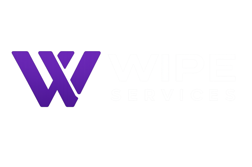 Lila "W" Logo und weißer Text "WIPE SERVICES" auf dunkelgrünem Hintergrund.