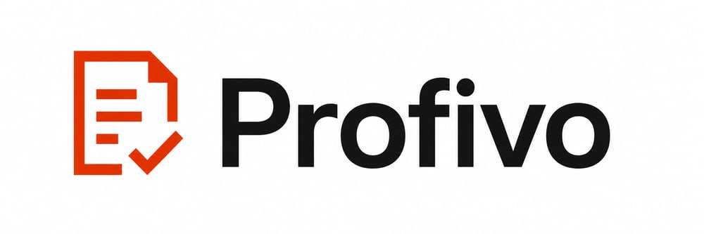 Profivo Logo mit rotem Dokumentensymbol und Häkchen.