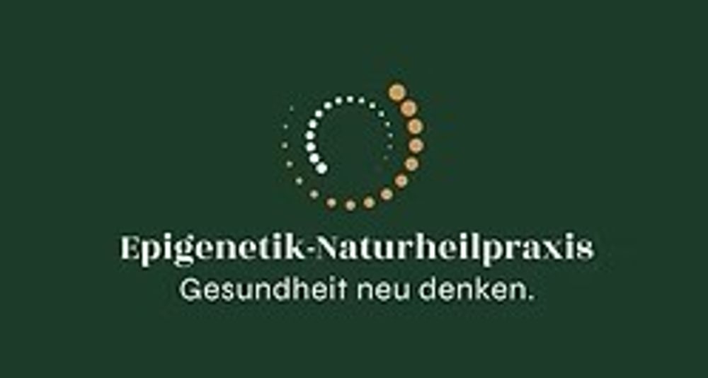 Logo mit weißen und orangefarbenen Punkten, die eine Spirale bilden, über "Epigenetik-Naturheilpraxis" und "Gesundheit neu denken."