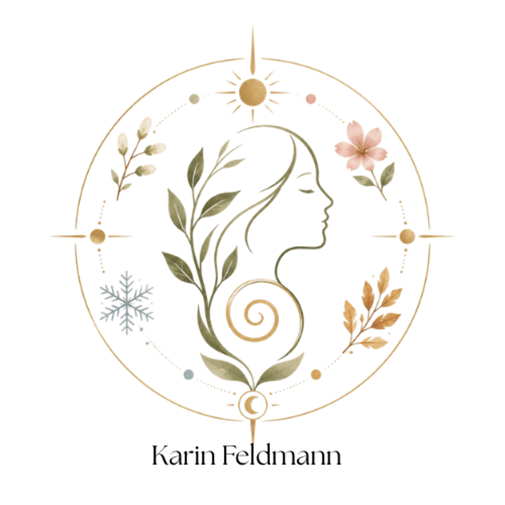 Frauensilhouette im Kreis mit Sonne, Mond, Schneeflocke und Blumen, die den Wechsel der Jahreszeiten symbolisieren.