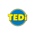 Logo: „TEDi“ in dunkelblauen Großbuchstaben mit weißem Rand auf einem weißen Kreis, auf grünem Hintergrund.