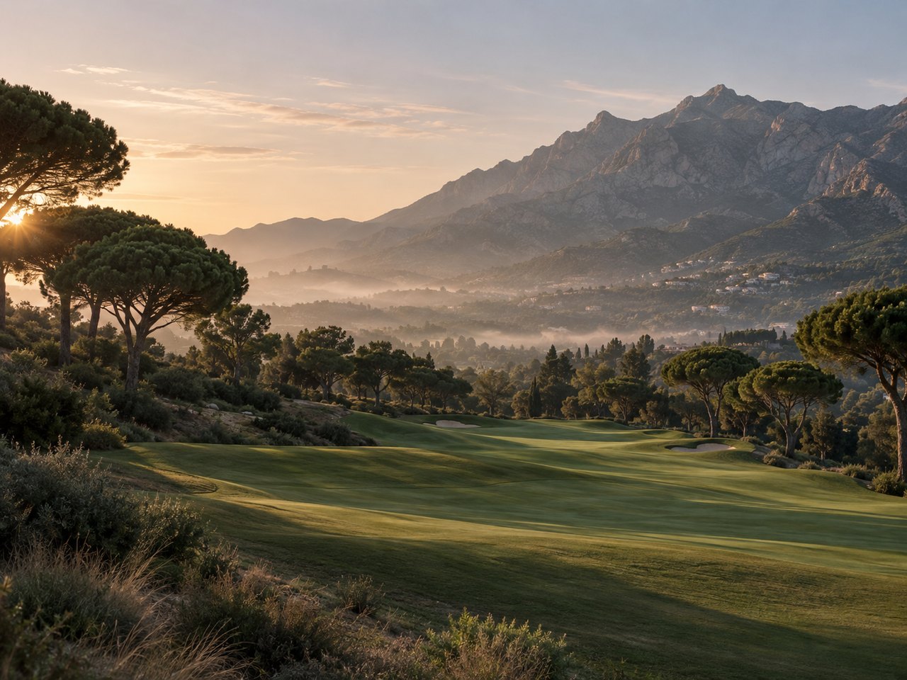 A golf fairway in the hills behind Marbella at sunrise