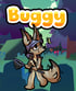 Fuchsartiges Tier mit Kappe und Kescher, das einen Schmetterling jagt, mit dem Titel "Buggy".