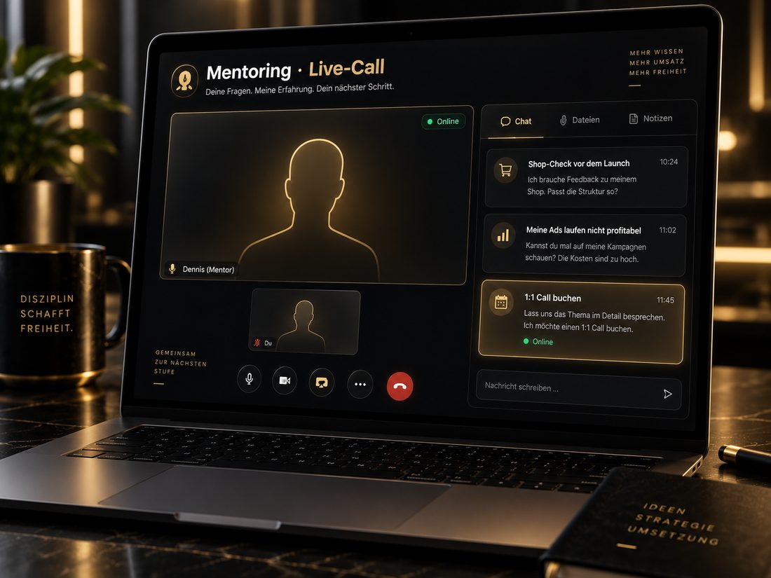 Laptop mit Mentoring-Live-Call und Chat: Shop-Check, Ads-Review, 1:1 Call buchen