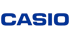 Blaues Casio-Logo auf dunkelgrünem Hintergrund.
