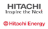 Hitachi Logo mit "Inspire the Next" und Hitachi Energy Logo mit rotem Text und Symbol auf grünem Hintergrund.