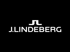 Weißes J.Lindeberg Logo mit dem charakteristischen Brückensymbol auf schwarzem Hintergrund.