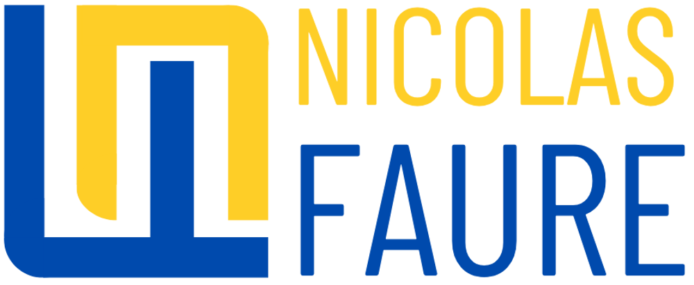Logo Nicolas Faure: Gelbe und blaue ineinandergreifende Buchstaben "LN" links, "NICOLAS" oben gelb, "FAURE" unten blau.
