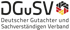 DGuSV Logo mit Schriftzug "Deutscher Gutachter und Sachverständigen Verband" und Irisblende in Schwarz, Rot, Gold.