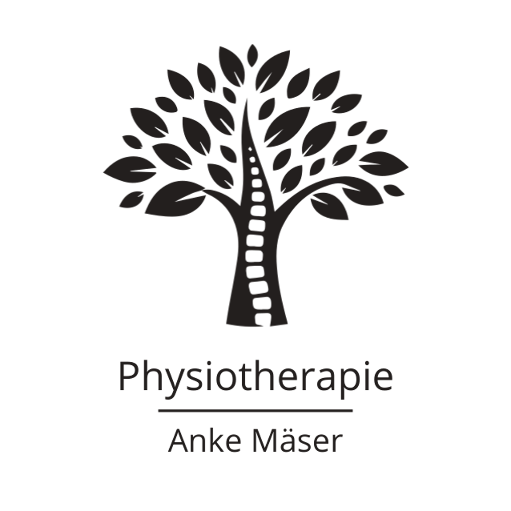 Logo: Baum mit Wirbelsäule als Stamm und Text "Physiotherapie Anke Mäser" auf dunklem Grün.