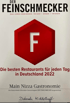 Der Feinschmecker Logo mit rotem "F"-Symbol und Text "Die besten Restaurants für jeden Tag in Deutschland 2022".