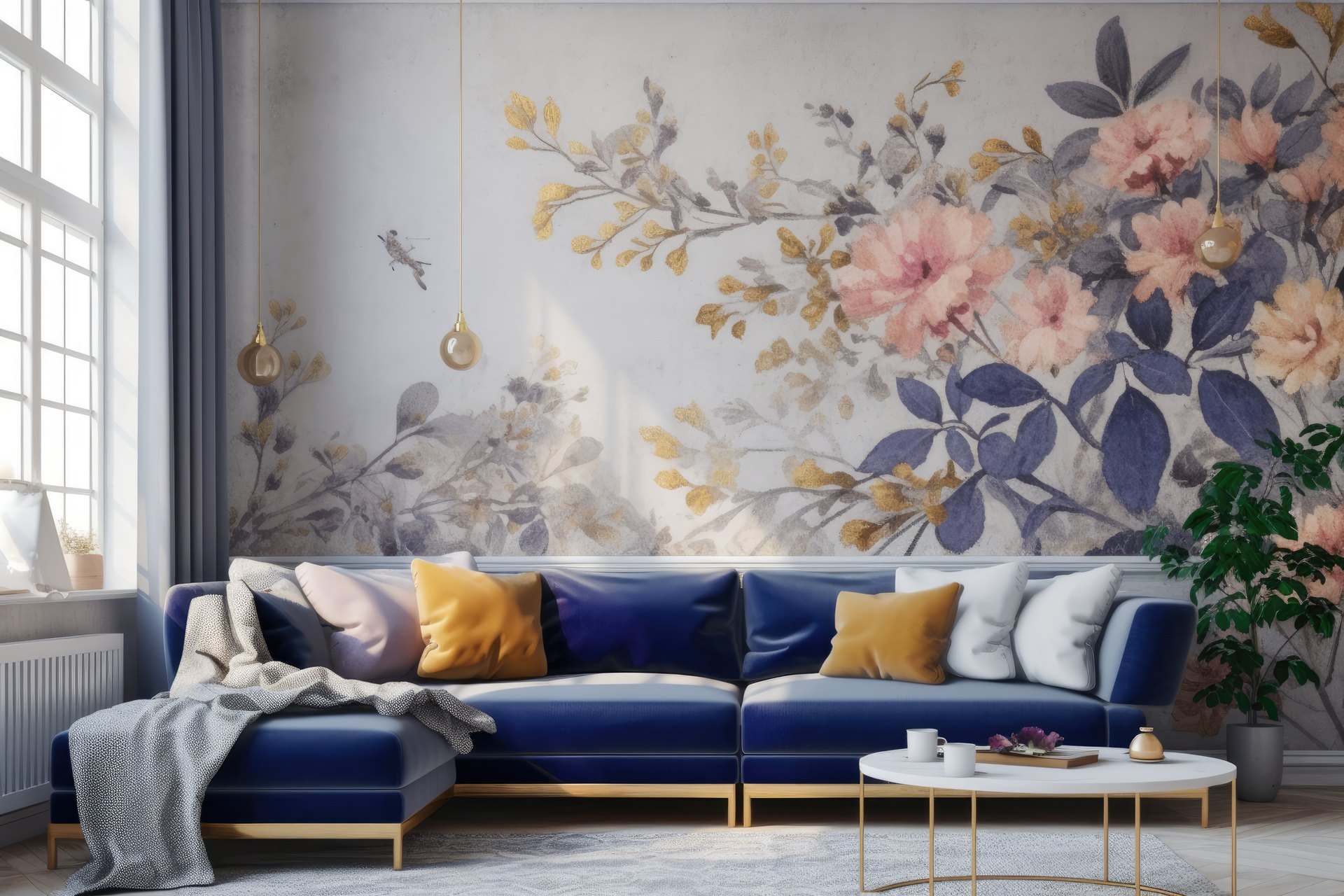 Helles Wohnzimmer mit Blumentapete und blauem Sofa
