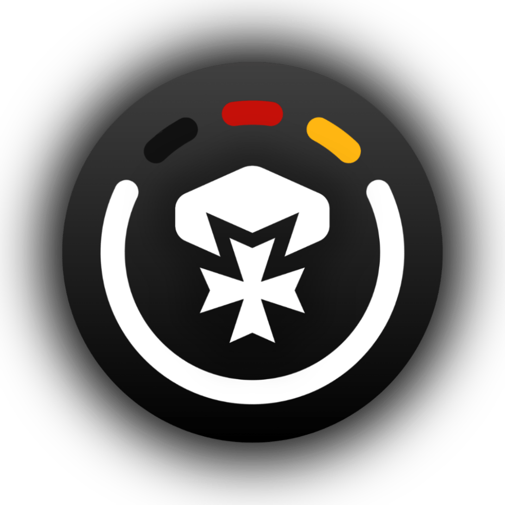Schwarzes Symbol mit weißem Baumwollknospen-Symbol und eisernem Kreuz, umgeben von einem Kreis mit deutscher Flagge.