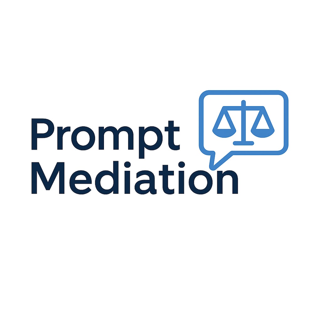"Prompt Mediation" Text mit Waage-Symbol in einer Sprechblase.