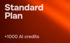 "Standard Plan" text with "+1000 AI credits" below it, on a dark red background with an orange diagonal light.