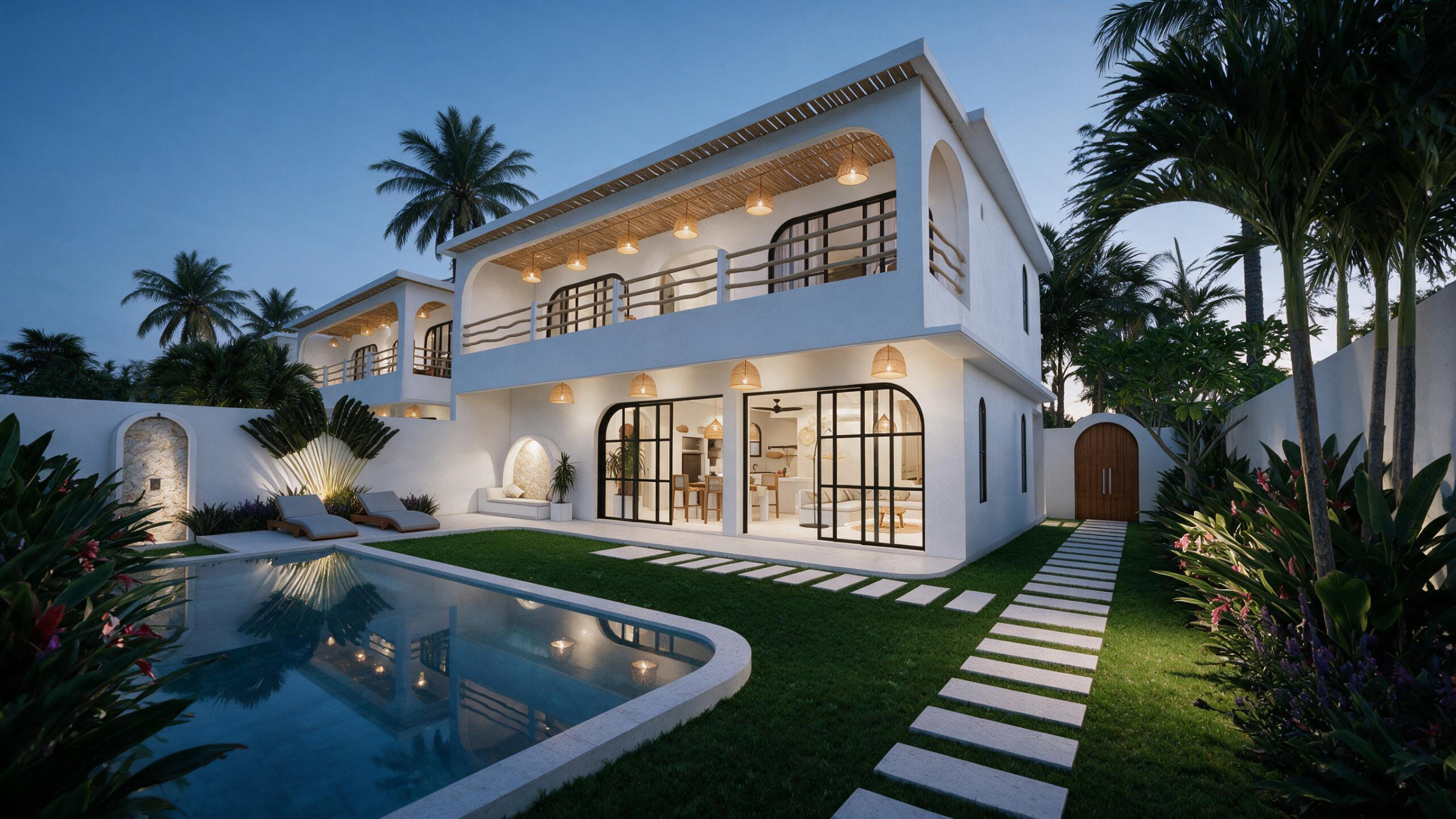 Visualisierung einer Villa von The Court Saba am Abend