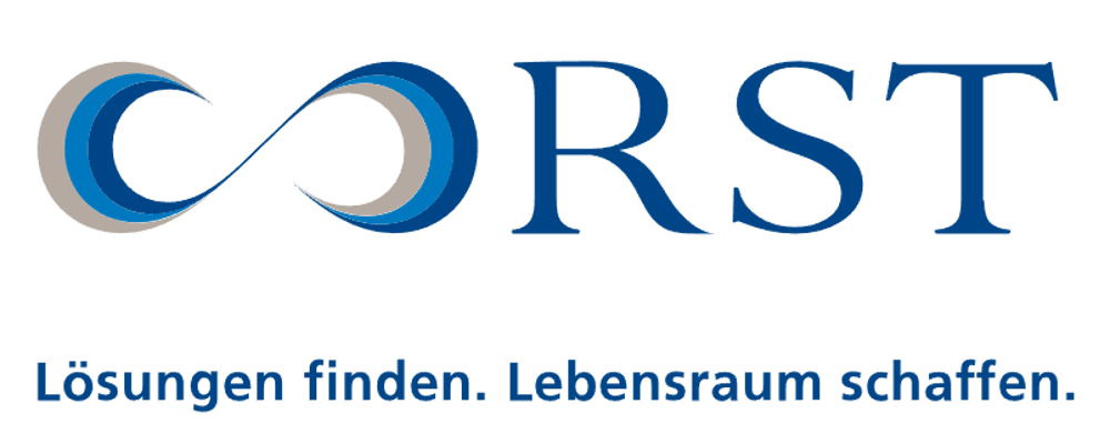 Blaues CORST Logo mit Unendlichkeitsschleife und Slogan „Lösungen finden. Lebensraum schaffen.“ auf schwarzem Hintergrund.