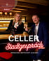 Zwei Personen halten Weingläser und Mikrofone; Text: "CELLER Stadtgespräch MENSCHEN. WIRTSCHAFT. ZUKUNFT. HAUS DER IMMOBILIE PODCAST".
