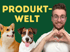 Ein lächelnder Mann macht ein Herzsymbol mit seinen Händen neben zwei Hunden; Text: "PRODUKTWELT".