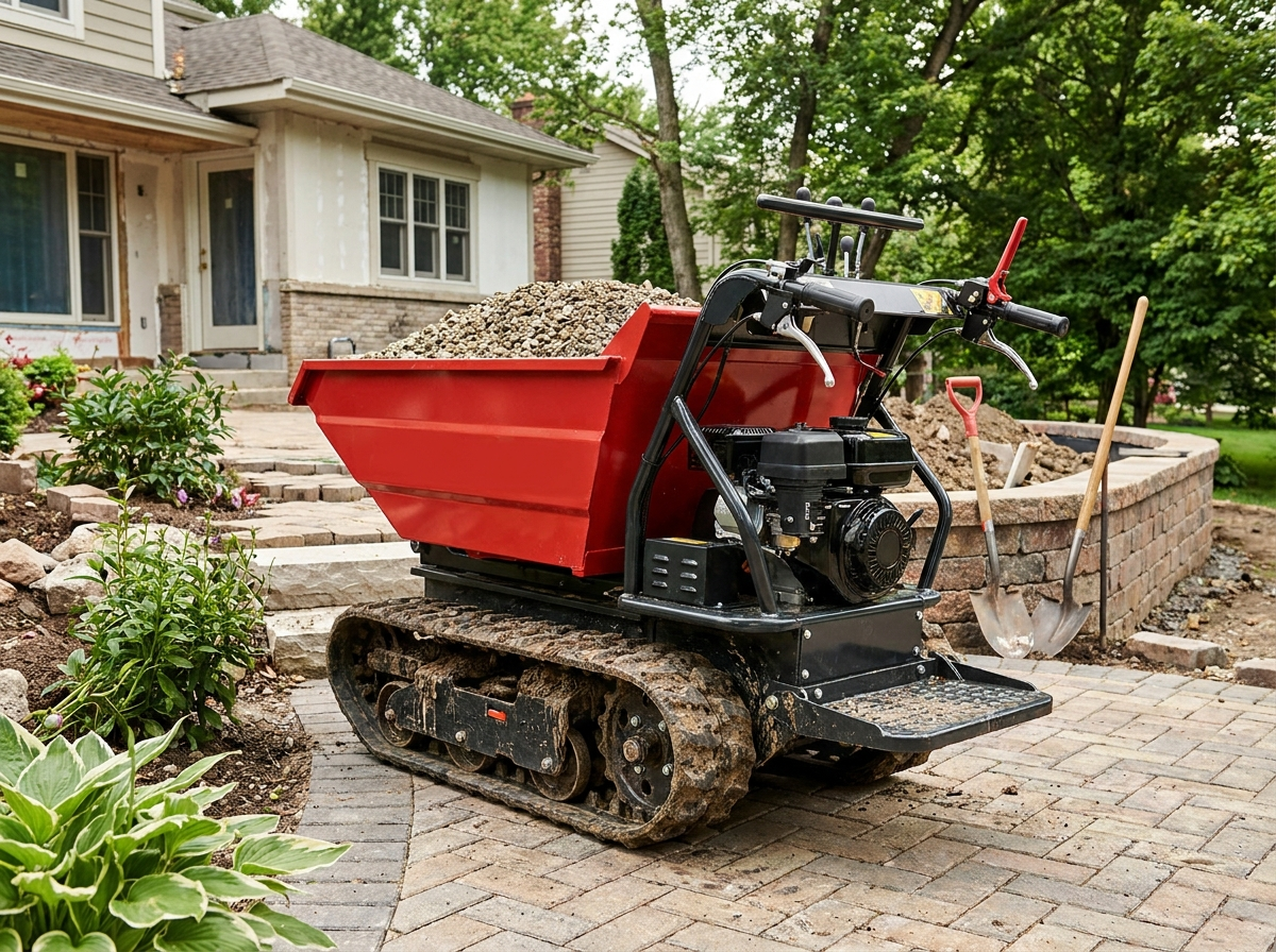 Motorisierter Mini-Dumper auf einer Garten-Baustelle