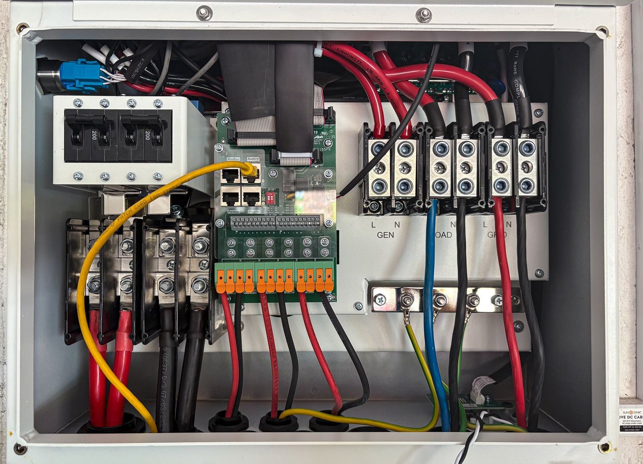 Inside an electrical panel with breakers and conductors