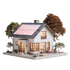 Ein Modell eines weißen Hauses mit Solarpaneelen auf dem Dach, umgeben von Bäumen und kleinen Figuren.