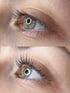 Ein Auge vor und nach einer Wimpernverlängerung; oben kurze, gerade Wimpern, unten lange, geschwungene Wimpern.