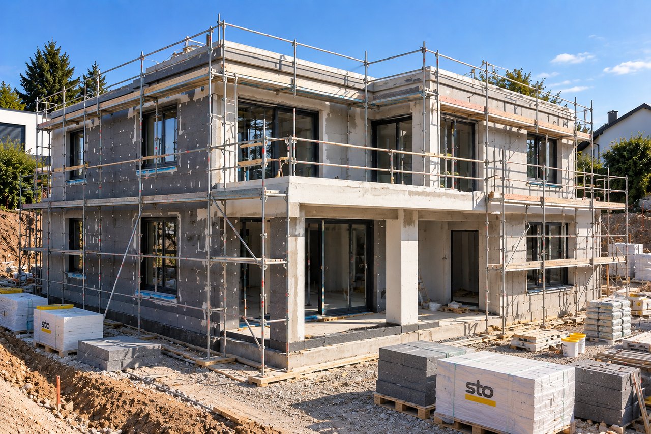 Bauphase 3 – Gebäudehülle: Haus mit Gerüst, Dämmplatten und eingebauten Fenstern