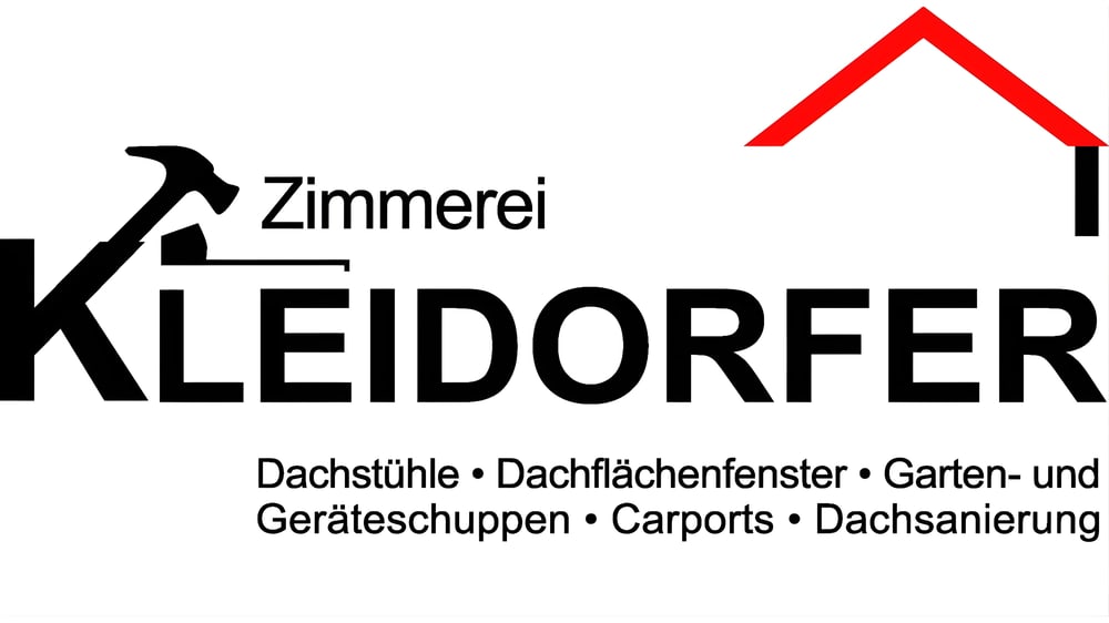 Zimmerei Kleidorfer Logo mit Hammer, rotem Dach und Dienstleistungen: Dachstühle, Dachflächenfenster, Carports.