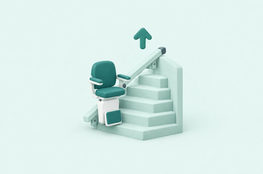 Illustration: Treppenlift mit Sitz auf einer Schiene an der Treppe und Pfeil nach oben