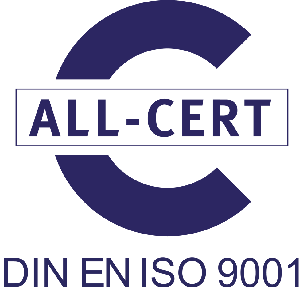 Dunkelblaues ALL-CERT Logo mit dem Text DIN EN ISO 9001 auf schwarzem Hintergrund.