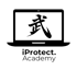 Laptop mit Kanji-Symbol auf dem Bildschirm, darunter "iProtect. Academy".