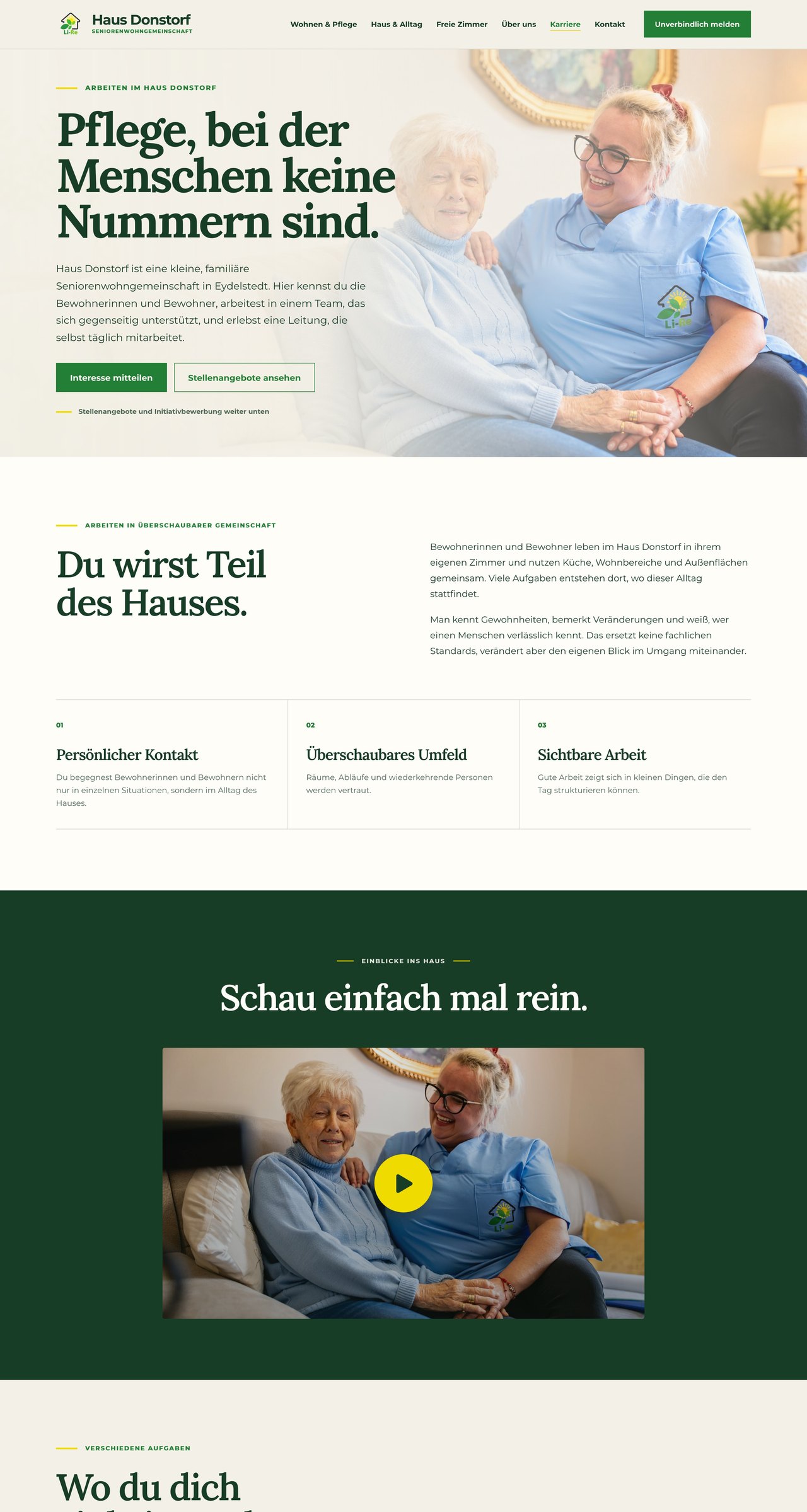 Haus Donstorf Karriere website, first three screens