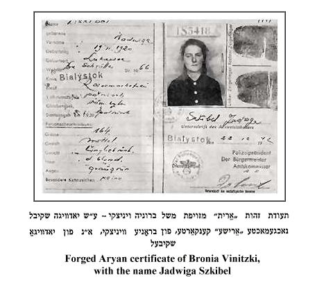 Documento de identidad falso de la época nazi, abierto en dos páginas: a la izquierda los datos personales manuscritos, a la derecha la fotografía de una mujer joven de pelo oscuro recogido, con sellos oficiales del Bürgermeister de Białystok. Imagen del Yizkor Book de Grodno.