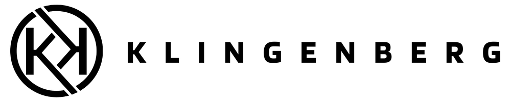 Logo mit ineinander verschlungenen weißen Ks in einem Kreis und dem Schriftzug KLINGENBERG.