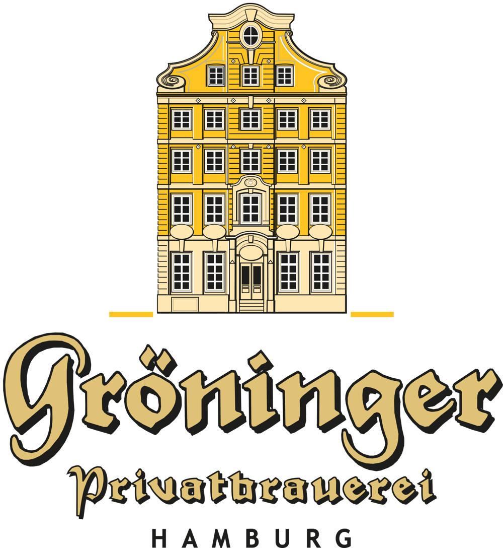 Logo Gröninger Privatbrauerei Hamburg" auf grünem Hintergrund.