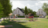 Modern residential neighborhood with white houses, cars, people, a pond, and green landscaping.