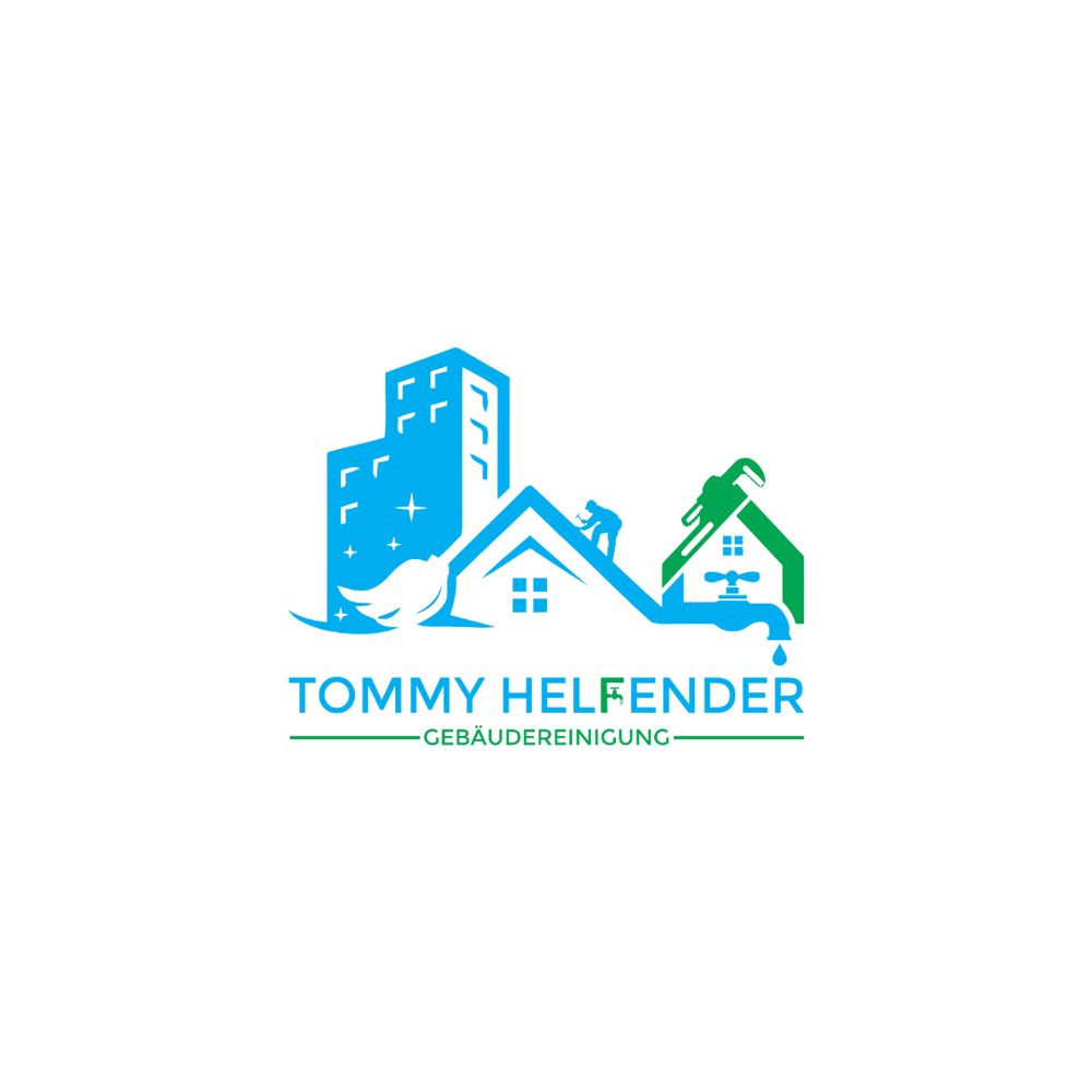 Blaues Logo mit Gebäuden, Haus, Besen, Eimer, Wasserhahn und dem Text "TOMMY HELFENDER"