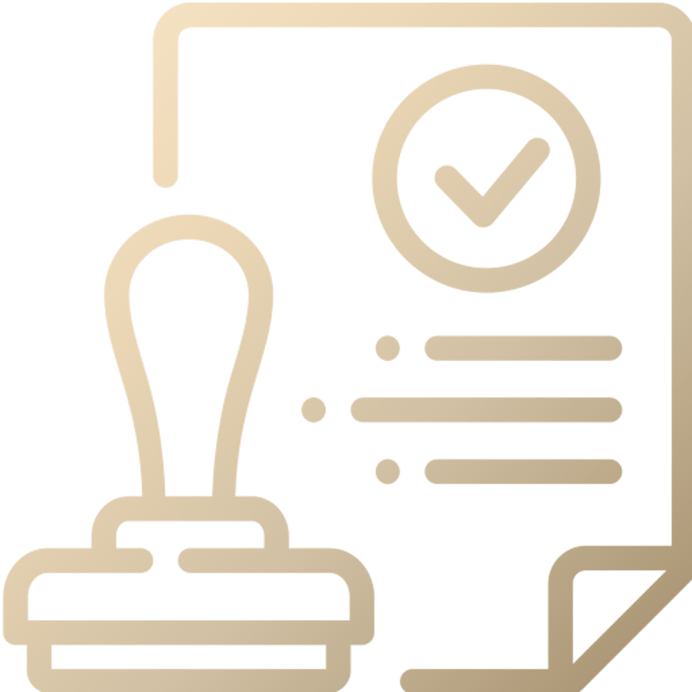 Stempel und Dokument mit Häkchensymbol.