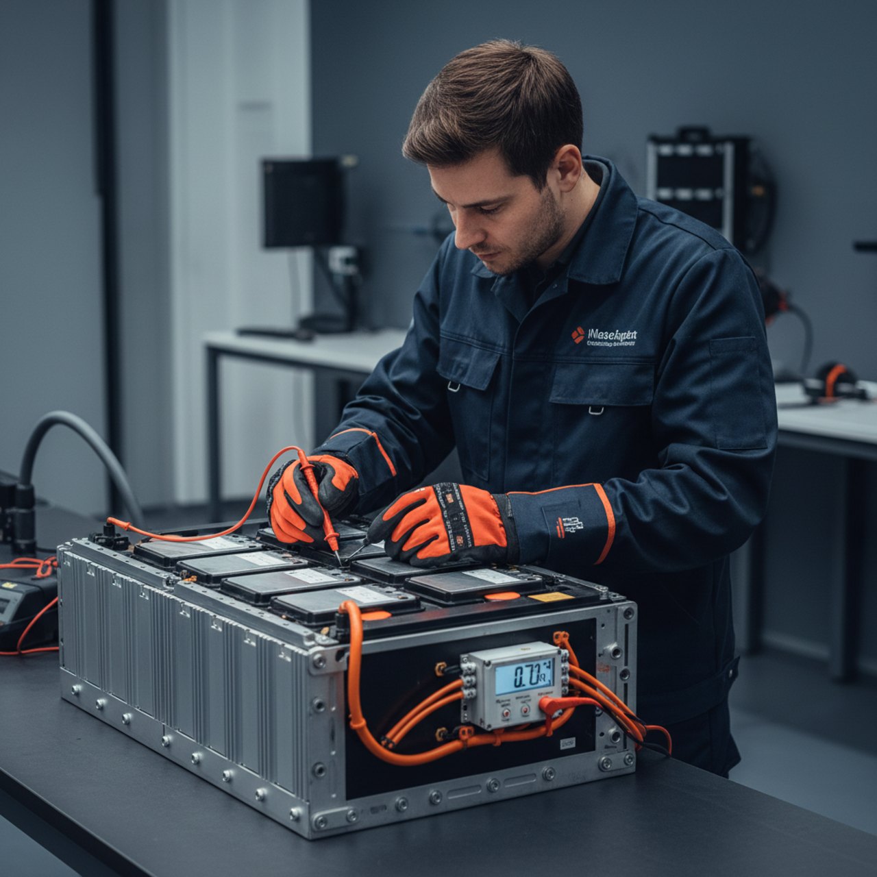 Techniker prüft Hochvolt-Batterie