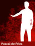 Weiße Silhouette eines Mannes mit ausgestrecktem Arm auf einem roten Hintergrund mit "Pascal de Fries".