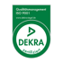 Grünes DEKRA-Siegel für Qualitätsmanagement ISO 9001, mit Text "www.dekra-siegel.de" und "zertifiziert".