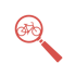 Rotes Fahrradsymbol in einer roten Lupe auf transparentem Hintergrund.