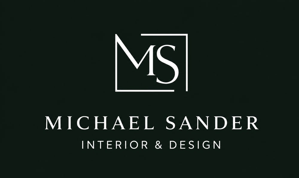Logo Michael Sander Interior & Design: weiße "MS"-Initialen in Quadrat, darunter Text auf dunklem Hintergrund.