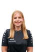 Frau mit langen, blonden Haaren und Kette im schwarzen JAKO-Trikot mit SIGNAL IDUNA-Logo vor weißem Hintergrund.