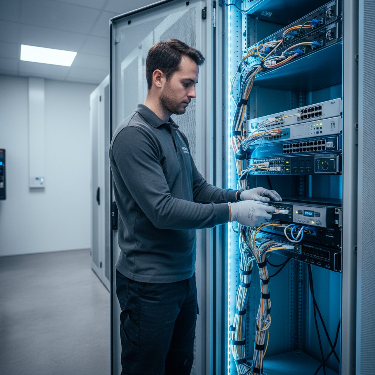 Techniker konfiguriert Netzwerk und Telefonie
