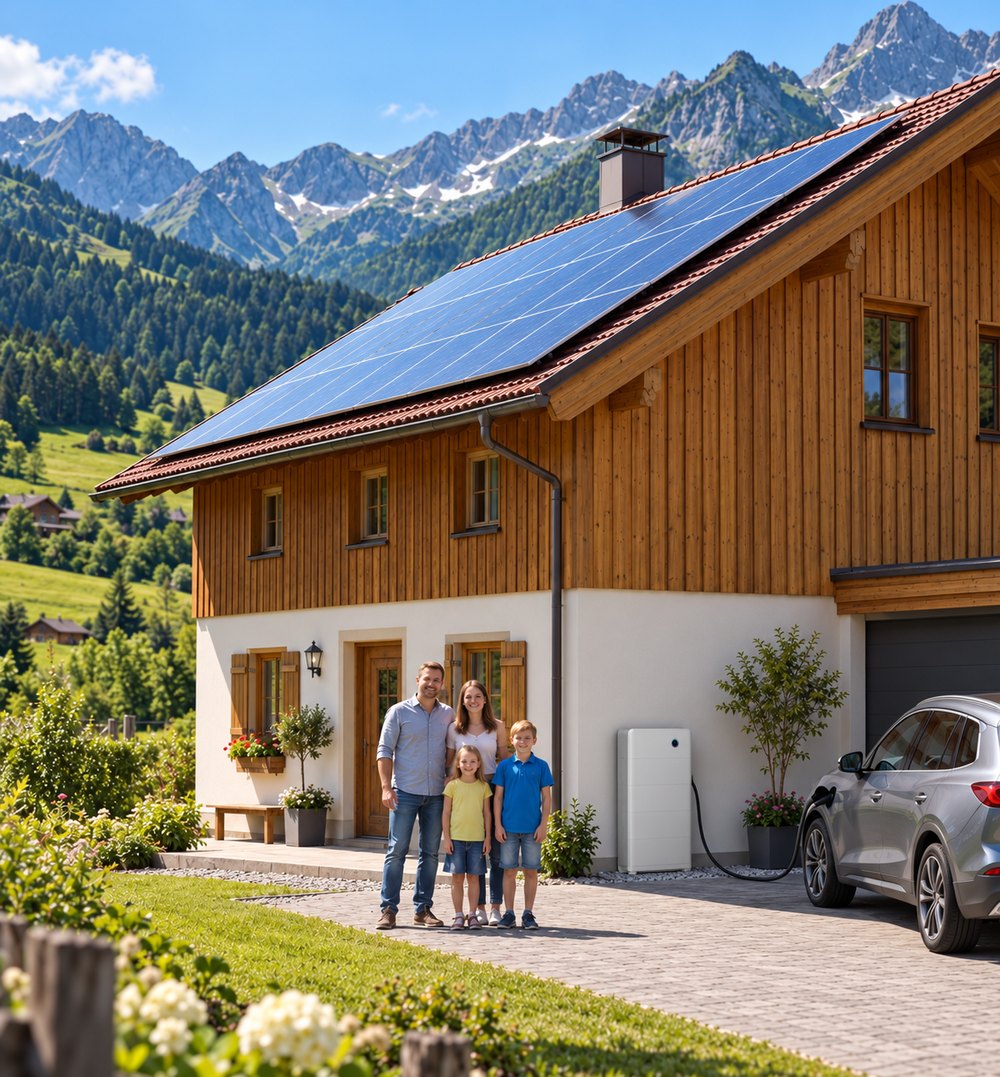 Familie vor Haus mit Photovoltaik-Anlage und Speicher, Allgäu