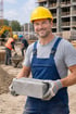 Lächelnder Bauarbeiter in gelbem Helm, blauer Latzhose und Handschuhen hält einen Betonstein.
